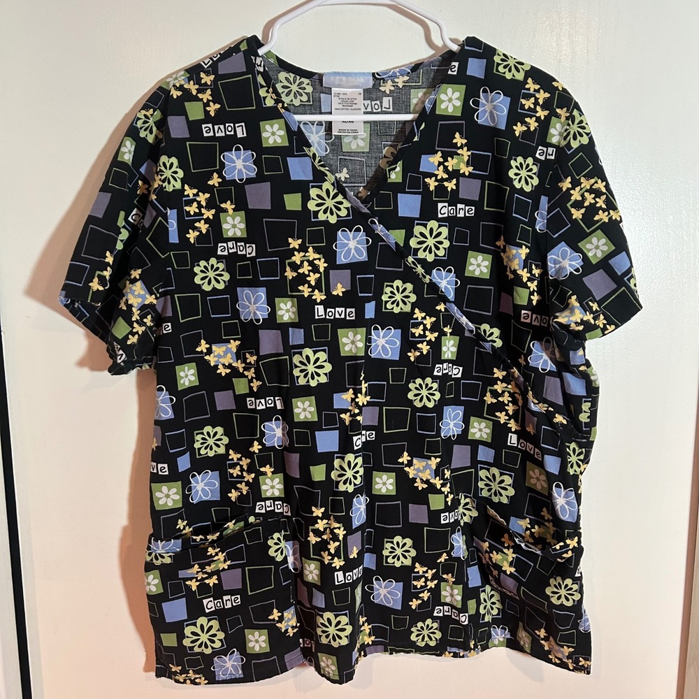 SB Scrubs Womens XL Black Floral Butterfly Love Care V-Neck Scrub Top